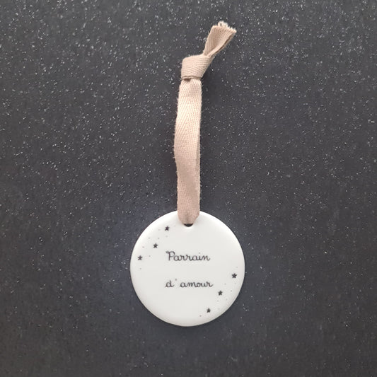 Médaillon rond en porcelaine - décor Parrain/Marraine peint à la main