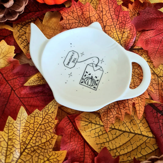 Repose sachet de thé en porcelaine - décor sachet thé "Thé d'automne" peint à la main