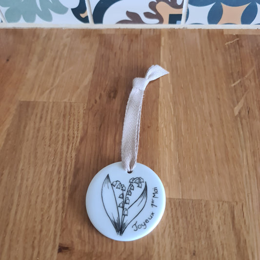 Médaillon rond en porcelaine - décor Muguet Joyeux 1er Mai peint à la main