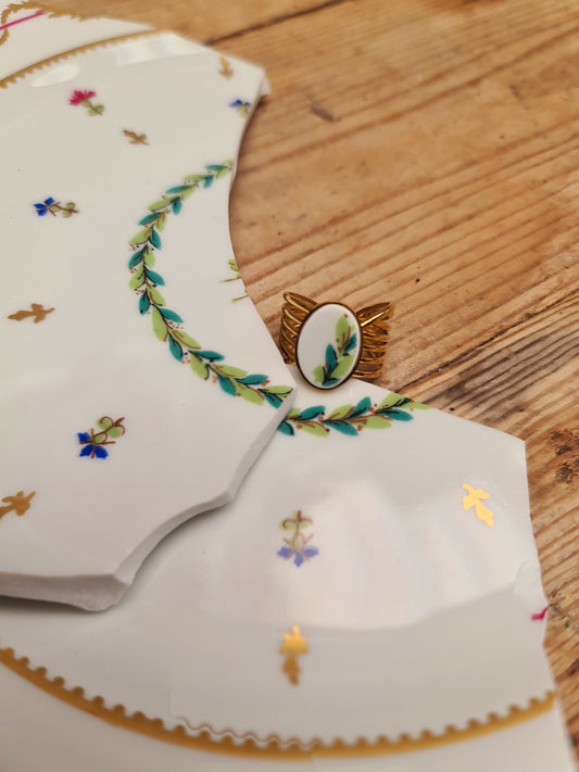 Bague nœud en Acier inoxydable doré - décorée à partir de vaisselle - Feuillage vert & turquoise