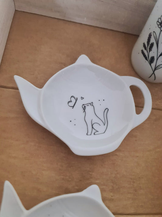 Repose sachet de thé en porcelaine - décor chat papillon peint à la main