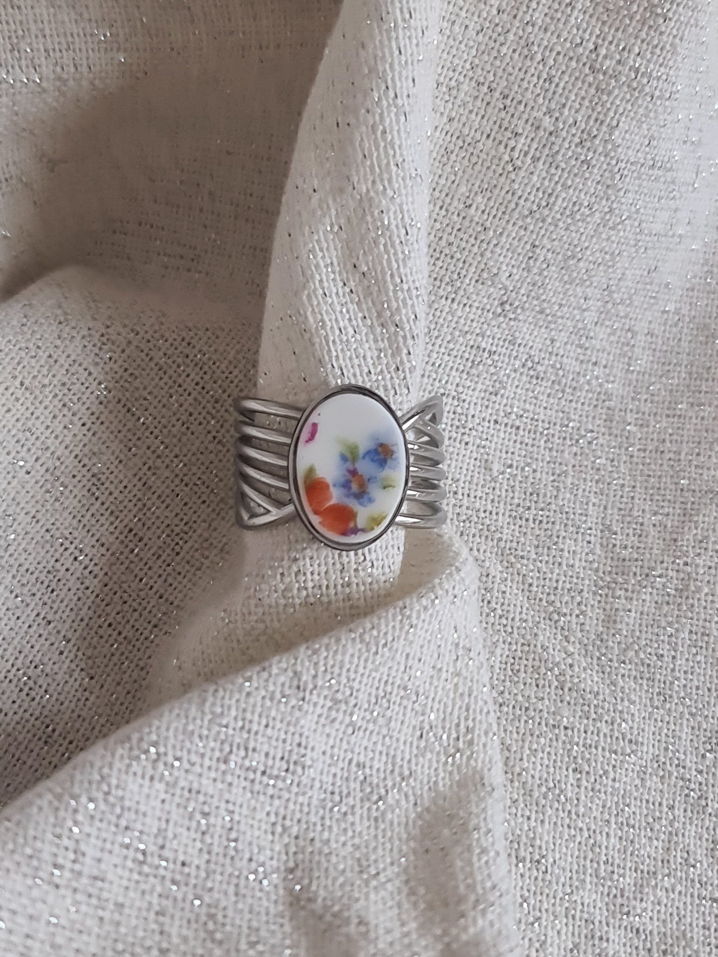 Bague nœud en Acier inoxydable - décorée à partir de vaisselle - Bouquet de fleurs