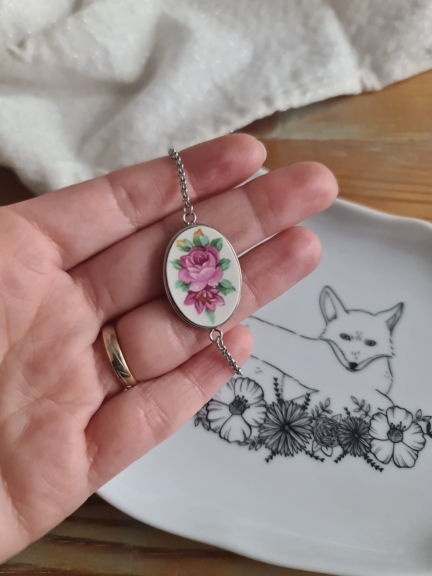 Bracelet coulissant en Acier inoxydable - décoré à partir de vaisselle - Bouquet de fleurs roses