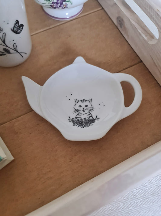 Repose sachet de thé en porcelaine - décor tête de chat peint à la main