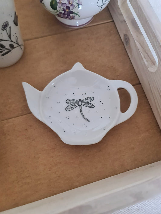 Repose sachet de thé en porcelaine - décor libellule peint à la main