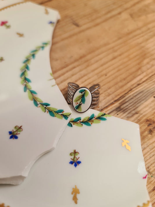 Bague nœud en Acier inoxydable - décorée à partir de vaisselle - Feuillage vert & turquoise