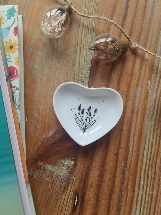 Coupelle cœur en porcelaine - décor Fleurs épi peint à la main