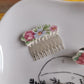 Peigne en Laiton Placage Argent Fin - décoré à partir de vaisselle - Forme fleurs - Fleurs bleues et roses