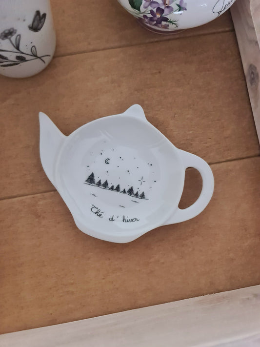 Repose sachet de thé en porcelaine - décor Forêt "Thé d'hiver" peint à la main