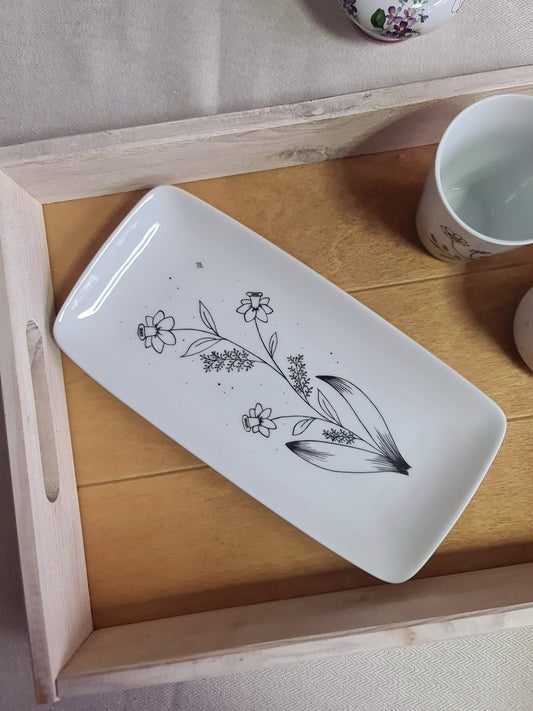 Plat mini cake en porcelaine - décor jonquilles peints à la main